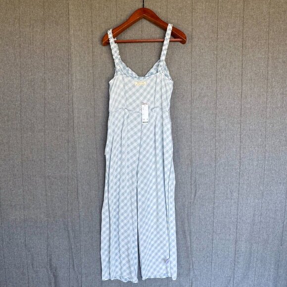 Urban Outfitters Sky Blue Ivory Gingham Print Elastic Spaghetti Strap Jumpsuit - Picture 8 of 14